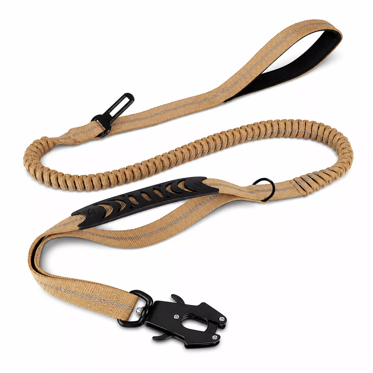 Khaki tactical dog leash with reflective bungee section for added visibility and comfort.