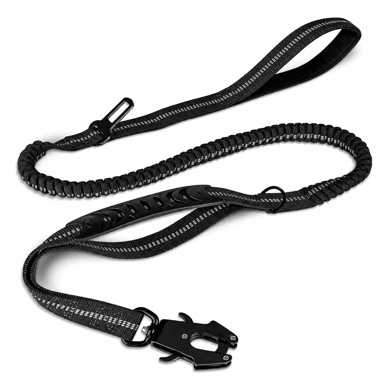 Black tactical dog leash with reflective bungee section for added visibility and comfort.