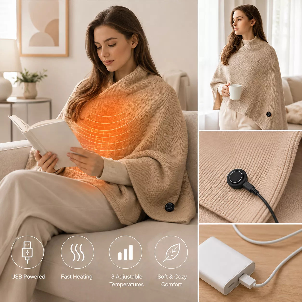 USB Heated Shawl - Wearable Heated Blanket with 3 Heat Settings