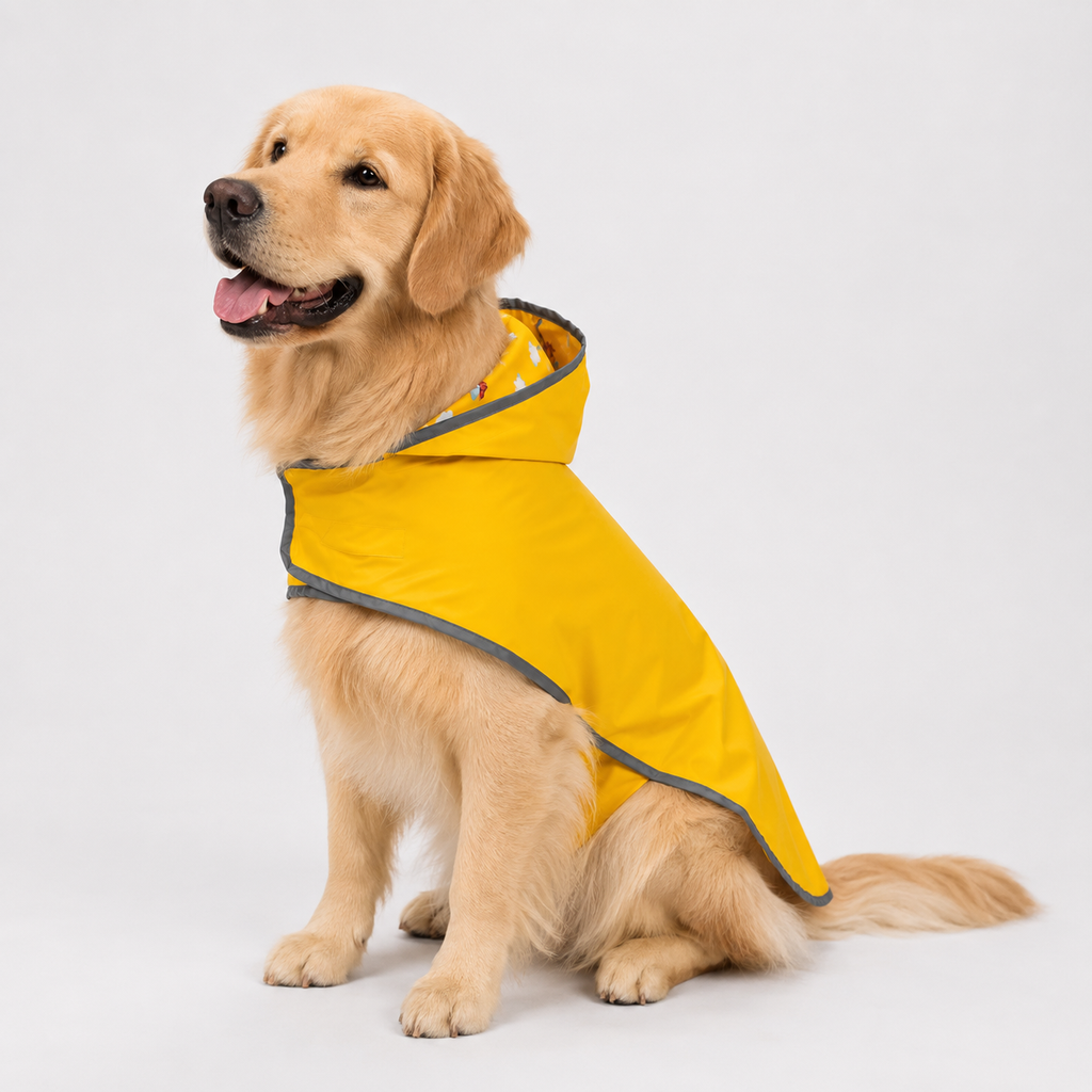 Two-sided dog rain jacket with lightweight waterproof shell and soft interior