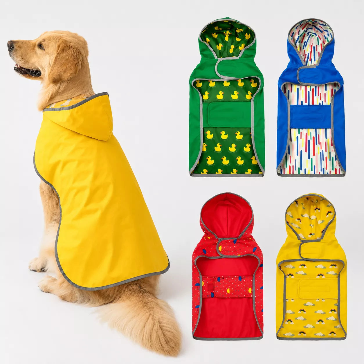 Premium hooded dog rain jacket offering full body coverage in wet conditions 