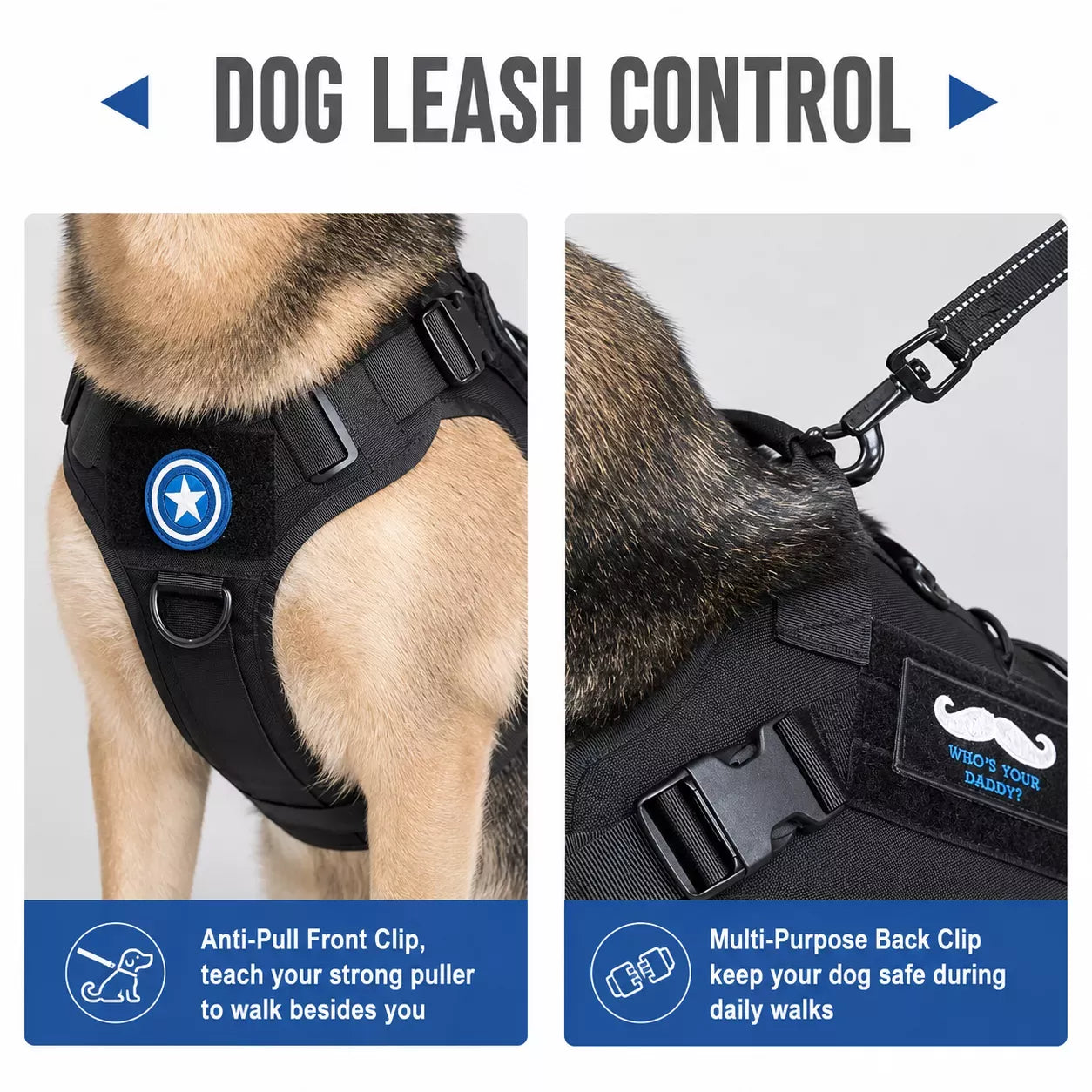 Close-up of adjustable dog harness on a dog in two close-up panels, with text callouts about an anti-pull front clip and a multi-purpose back clip.
