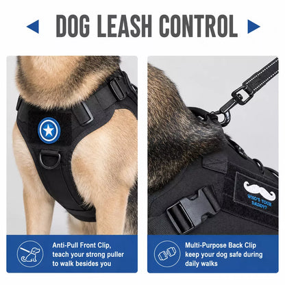 Close-up of adjustable dog harness on a dog in two close-up panels, with text callouts about an anti-pull front clip and a multi-purpose back clip.