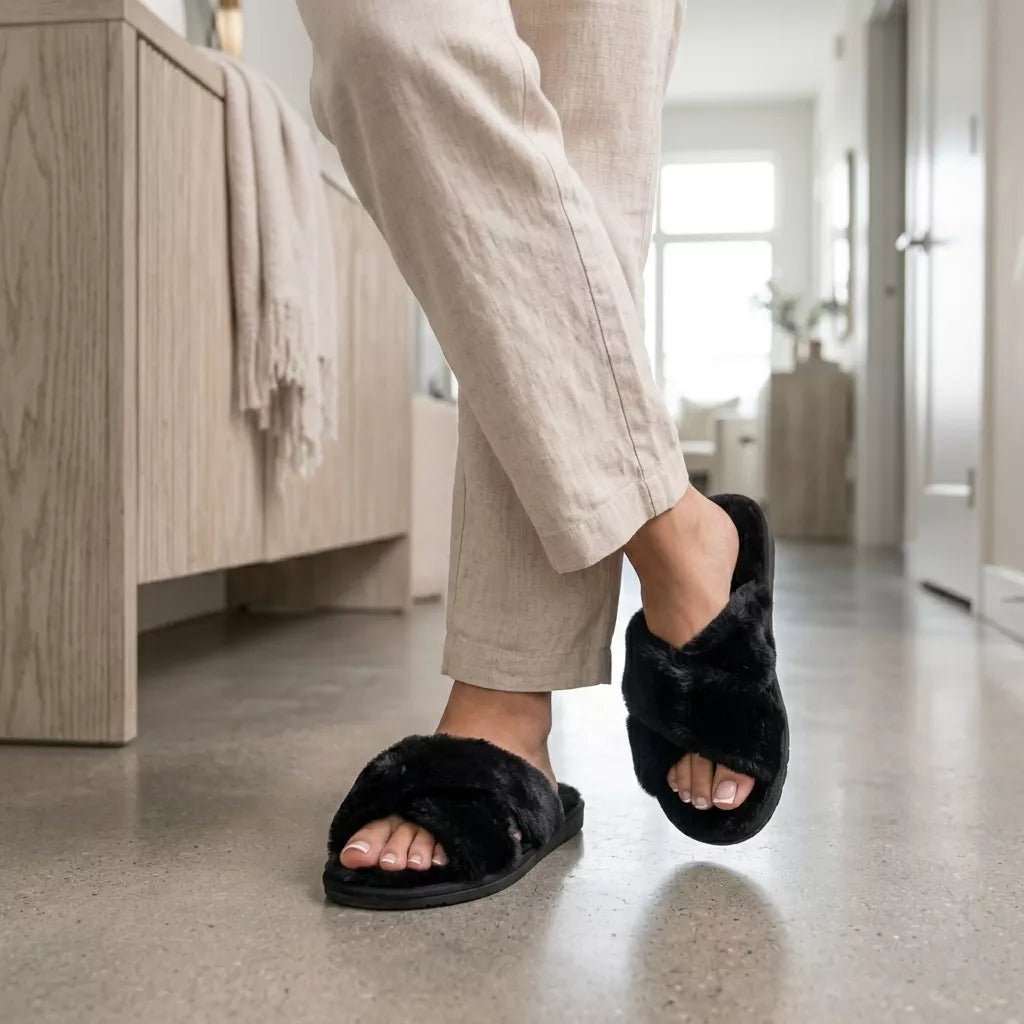 Women's Cross Band Slippers - Fuzzy Criss Cross Slippers